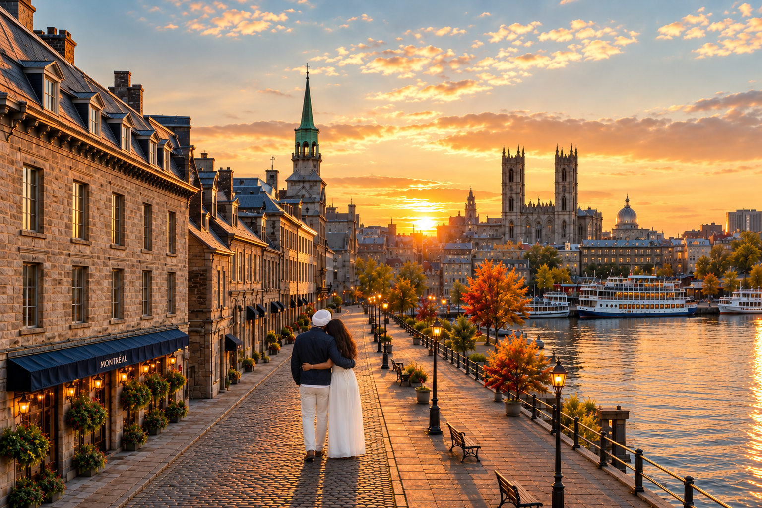 A couple walking together through Old Montréal at sunset