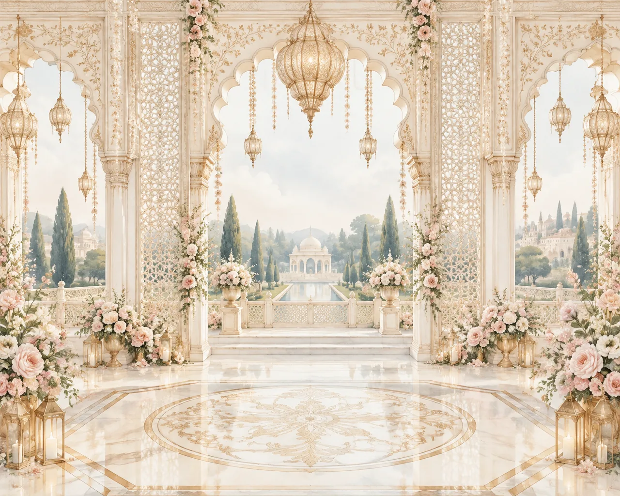 Watercolor wedding celebration beneath ivory arches
