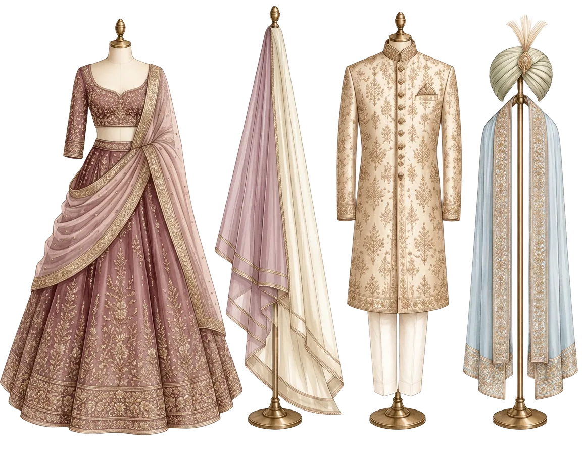 Maroon, gold and pastel Punjabi wedding attire